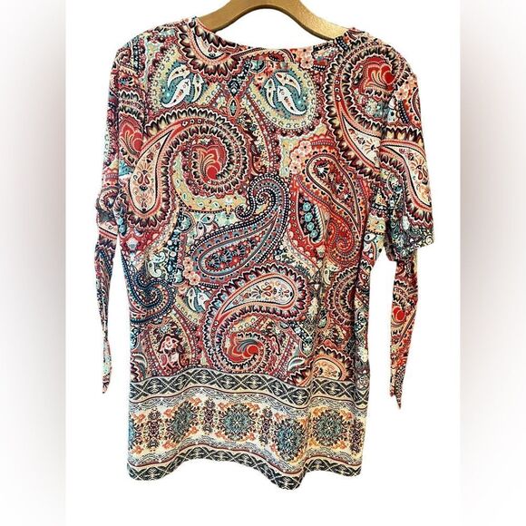 Tacera Sz M Red Tan Paisley Relaxed Fit Statement Sleeves Everyday Tunic - Picture 2 of 6